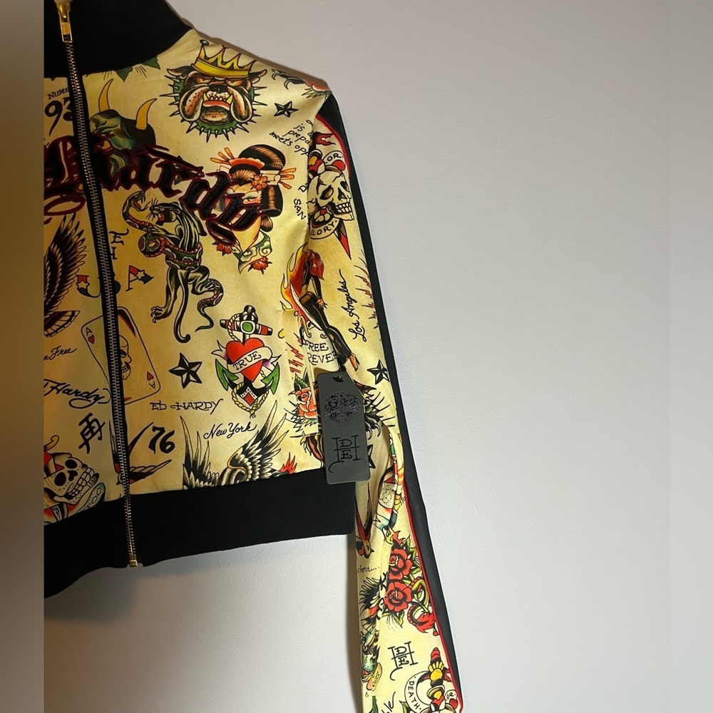 Ed Hardy Women's Yellow Bomber Jacket with Tattoo Print - Picture 10 of 15